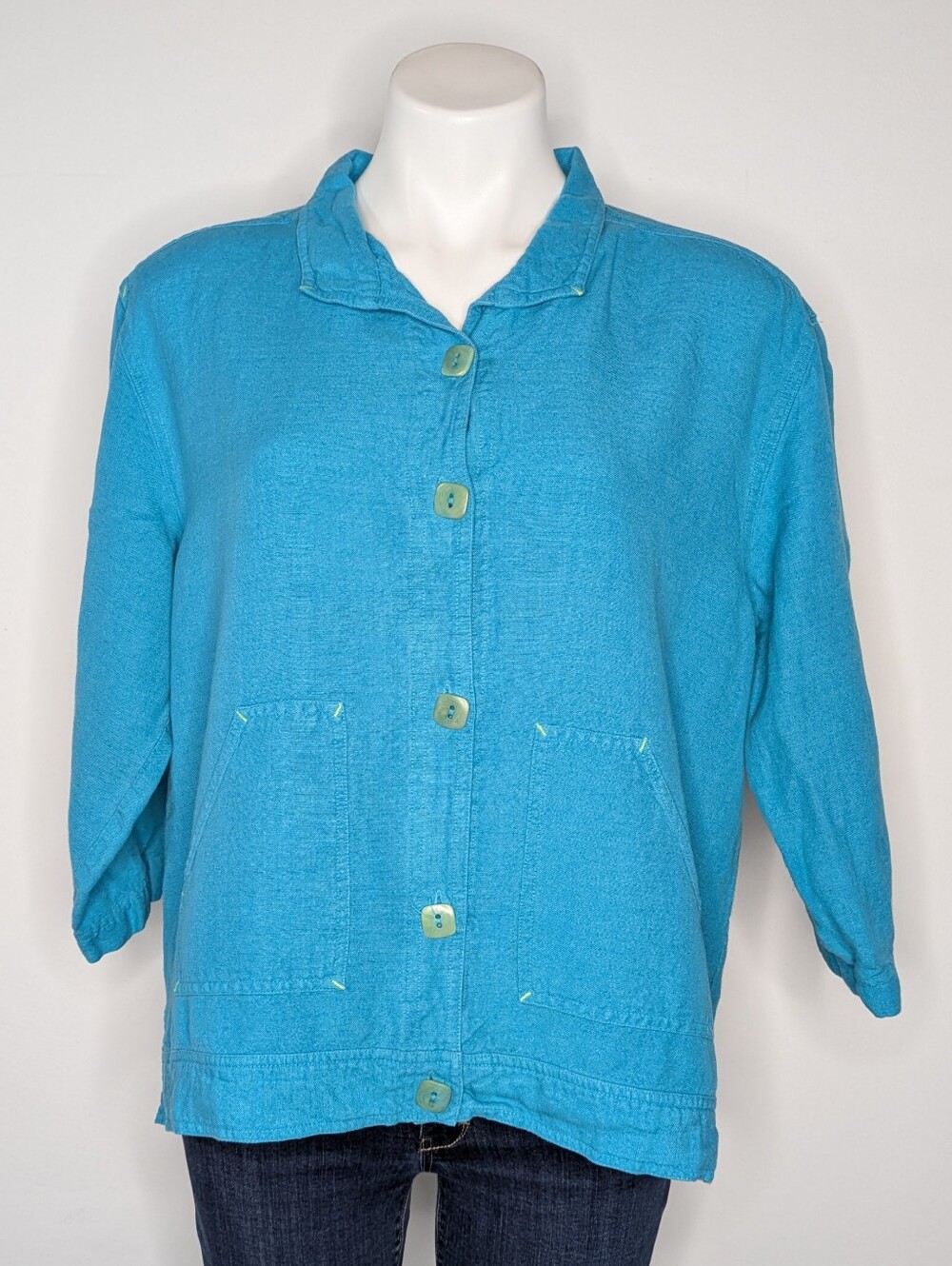 Vintage Mureli Blue Green Accent 3/4 Sleeve Button Up Linen Blend Top XL